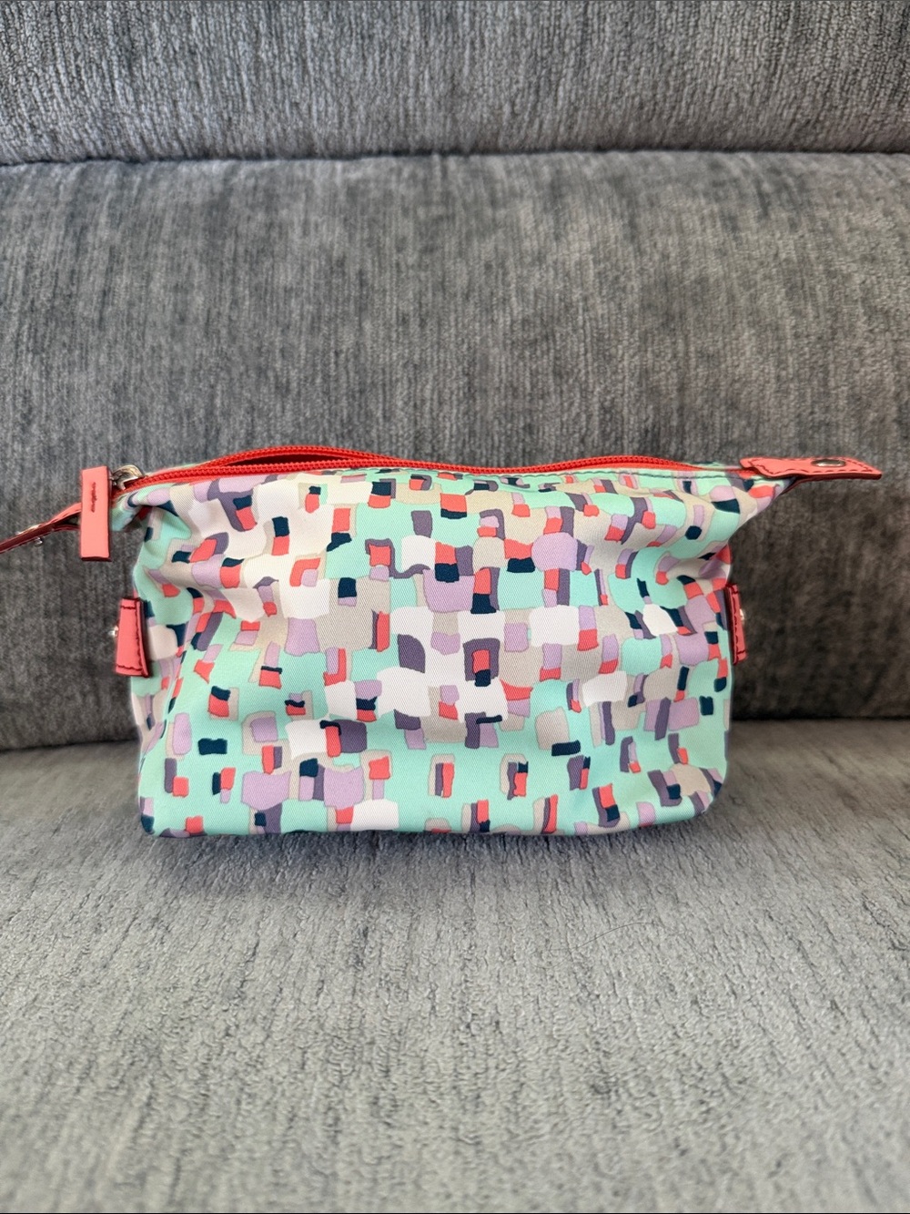 Mint Multi-Color Patterned Cosmetic Pouch with Coral Trim